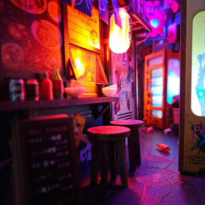 Neon Ramen MiniAlley Cyberpunk DIY Book Nook Kit, Scale Model Kit,  Japanese Ramen Shop Miniature Scene