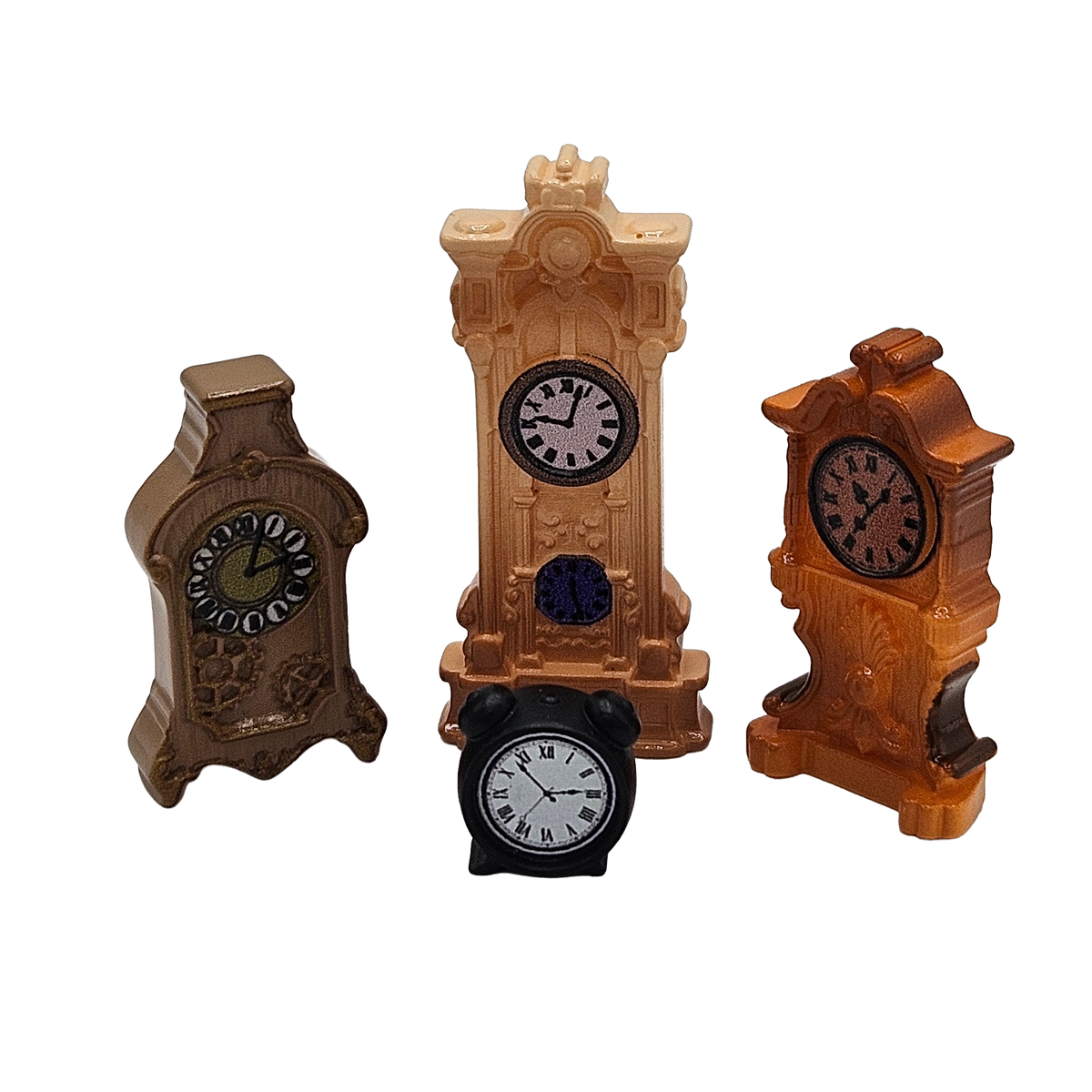 Miniature Vintage Clock Set | 4 Tiny Grandfather & Alarm Clocks