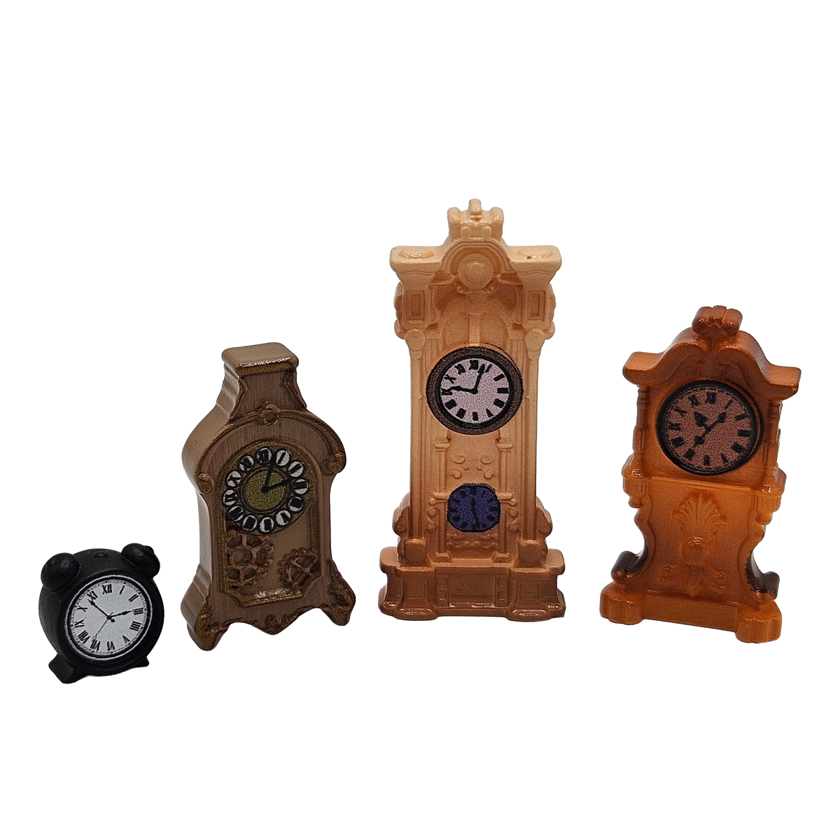 Miniature Vintage Clock Set | 4 Tiny Grandfather & Alarm Clocks