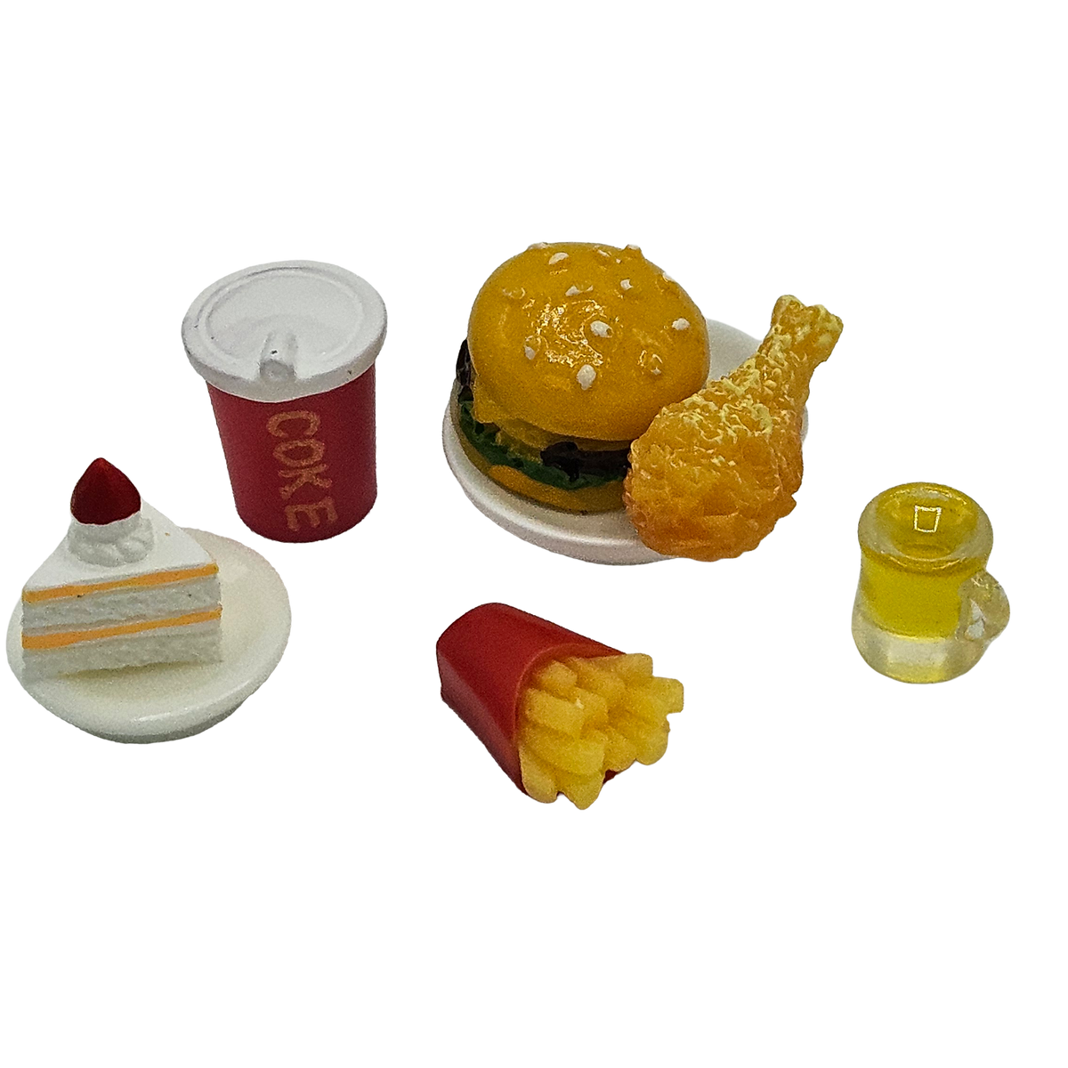 Miniature Fast Food Set | Burger, Fries, Fried Chicken, Cake and Drinks | Dollhouse Food Accessories