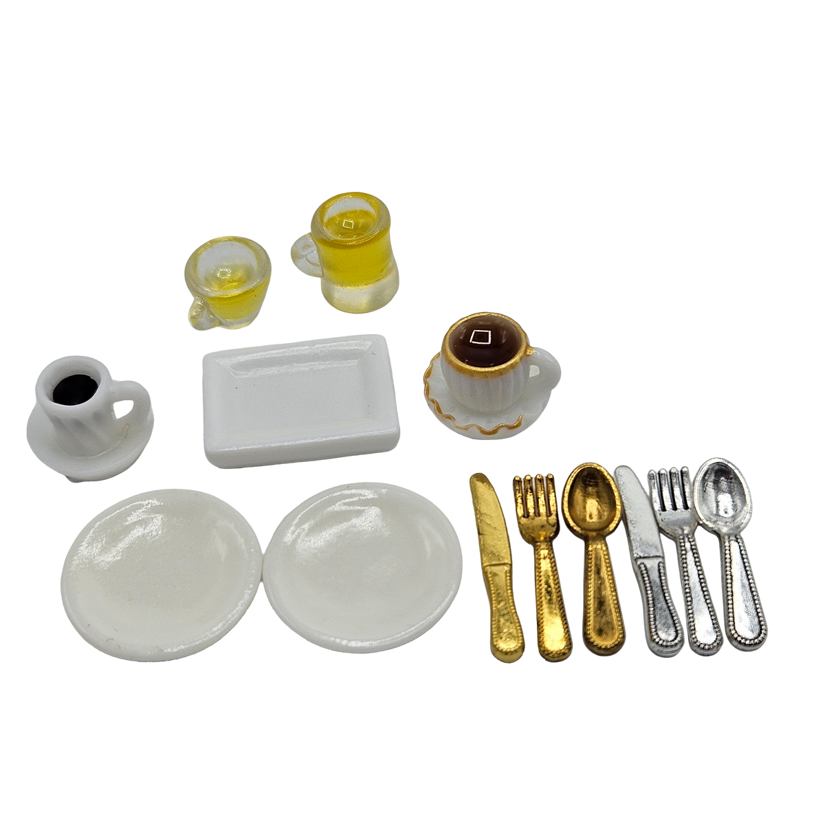 Miniature Tableware & Coffee Set | Dollhouse Plates, Cups, Gold & Silver Cutlery