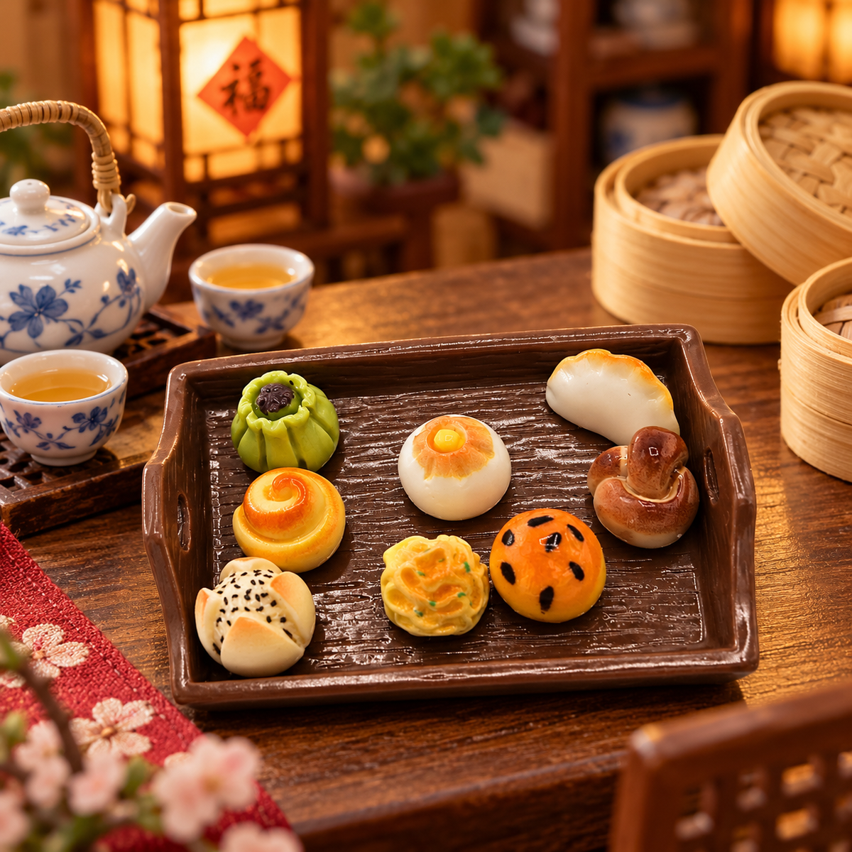 Miniature Dim Sum & Chinese Bakery Food Set | 8 Mini Buns with Serving Tray
